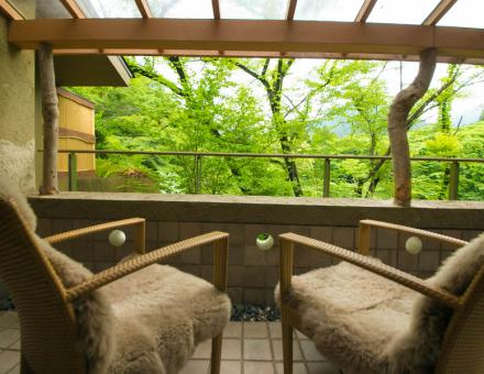 Phòng B kiểu Nhật với bồn tắm ngoài trời và sân hiên.